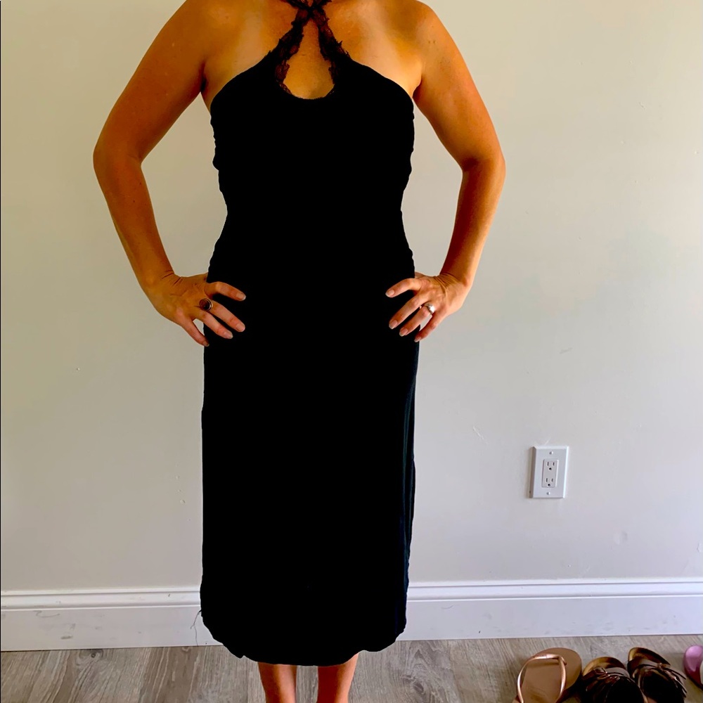 Lace key hole black cocktail dress.